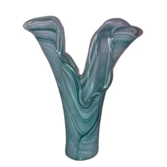 MURANO, Italy-Large, thick glass vase, ocean blue/white swirl colors ruffled top